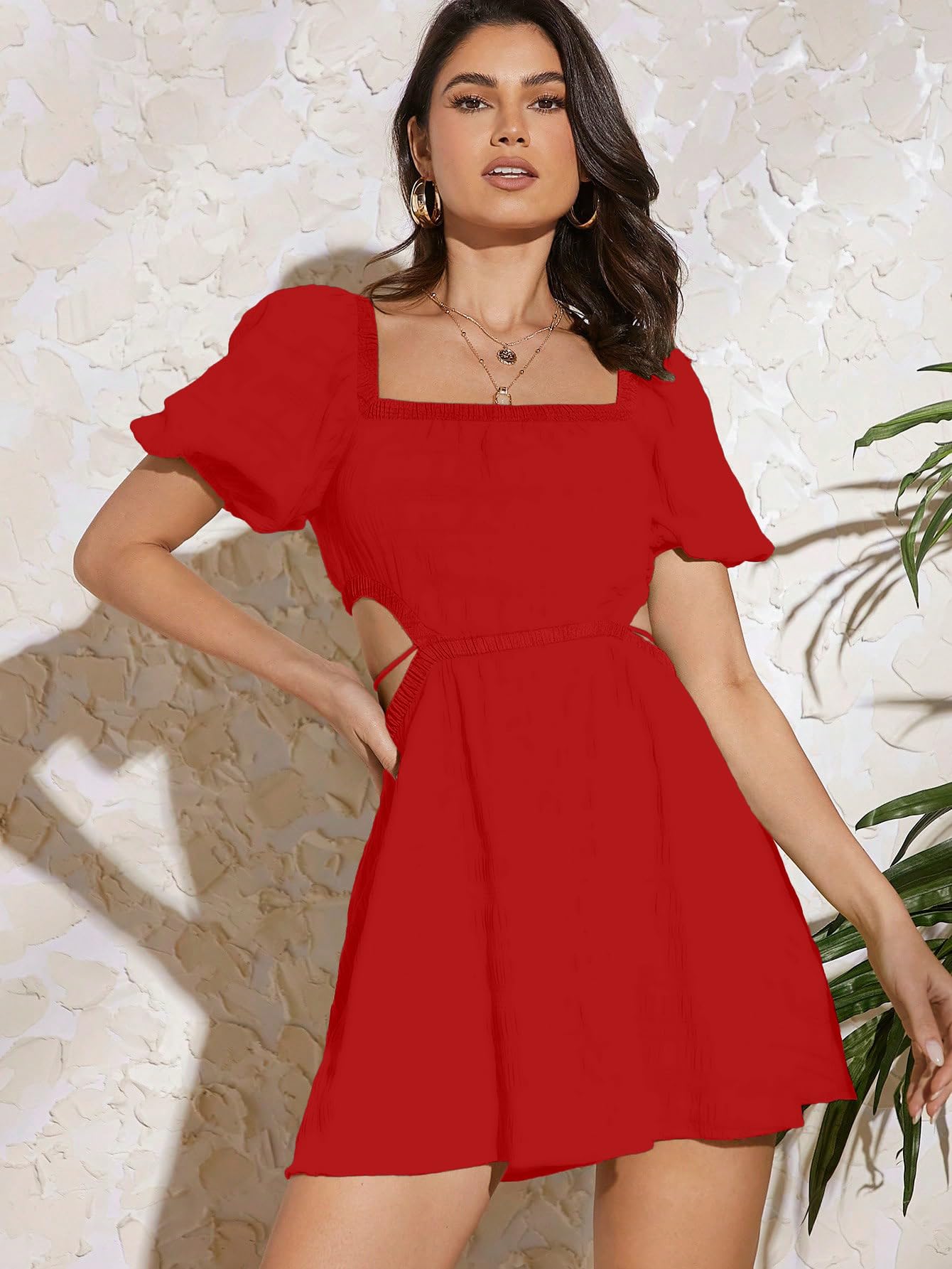 Girl's Fit And Flare Solid Summer Beach Square Neck Puff Sleeve Cut Out Waist Mini Dress