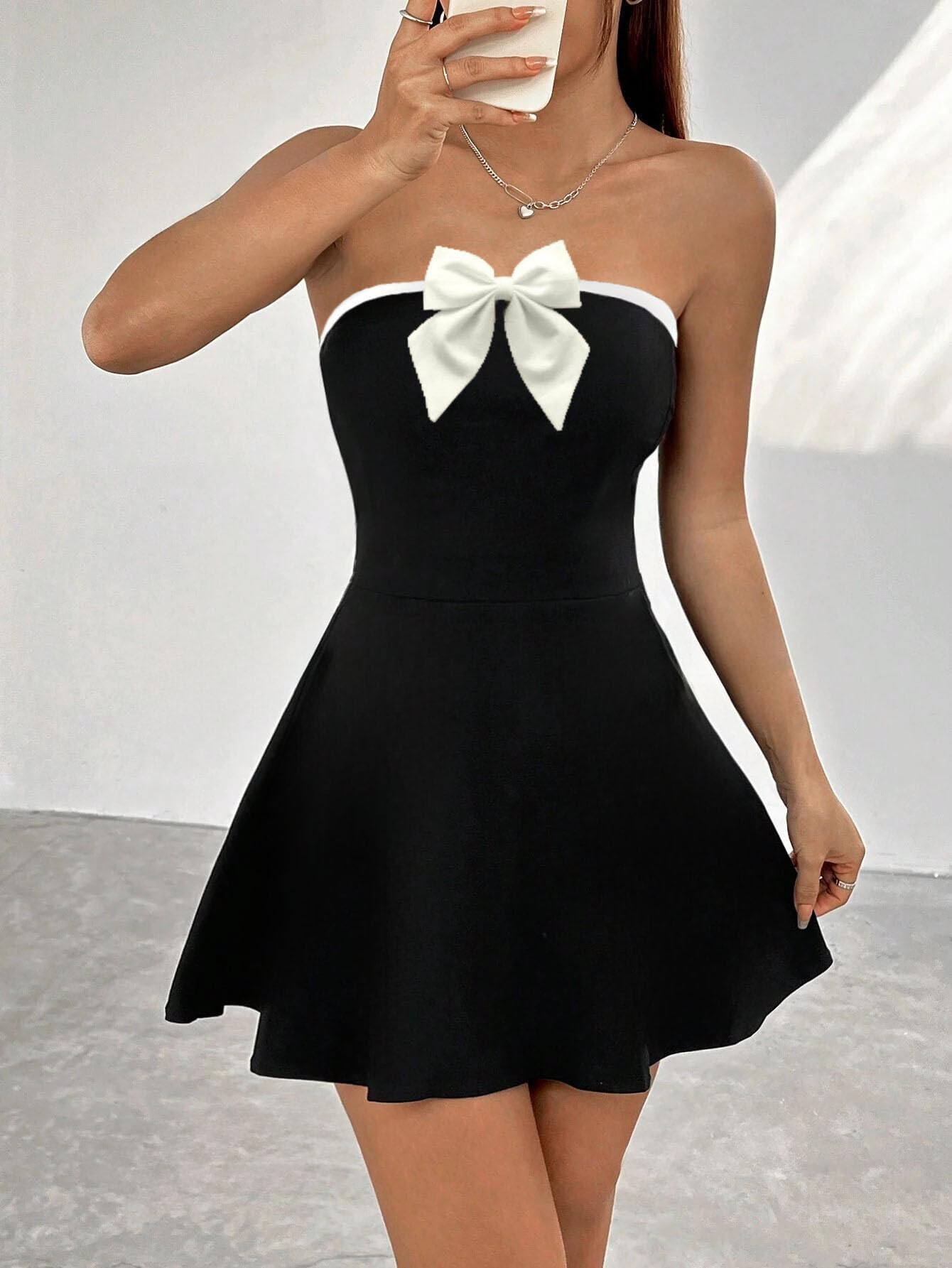 Solid Tube Bow Detailing Sleeveless Fit & Flare Mini Dress for Women