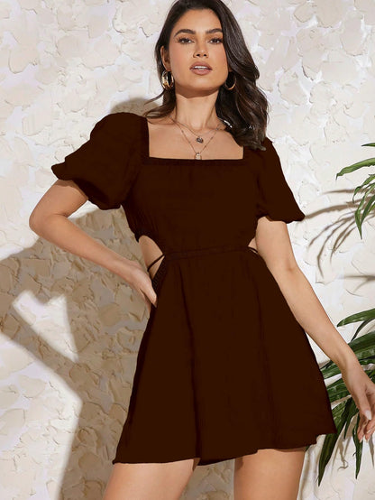 Girl's Fit And Flare Solid Summer Beach Square Neck Puff Sleeve Cut Out Waist Mini Dress
