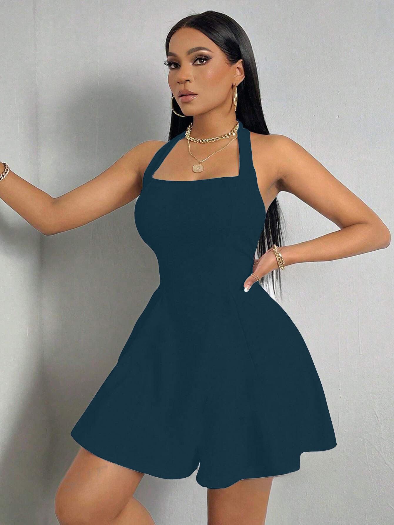 Solid Halter Neck Sleeveless Fit & Flared Mini Dress for Women