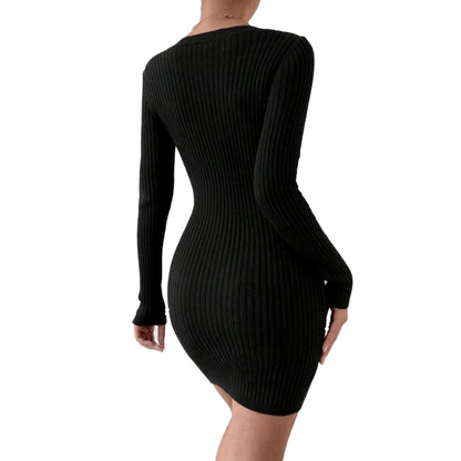 Solid Women Casual Ribbed Square Neck Long Sleeves Bodycon Dress