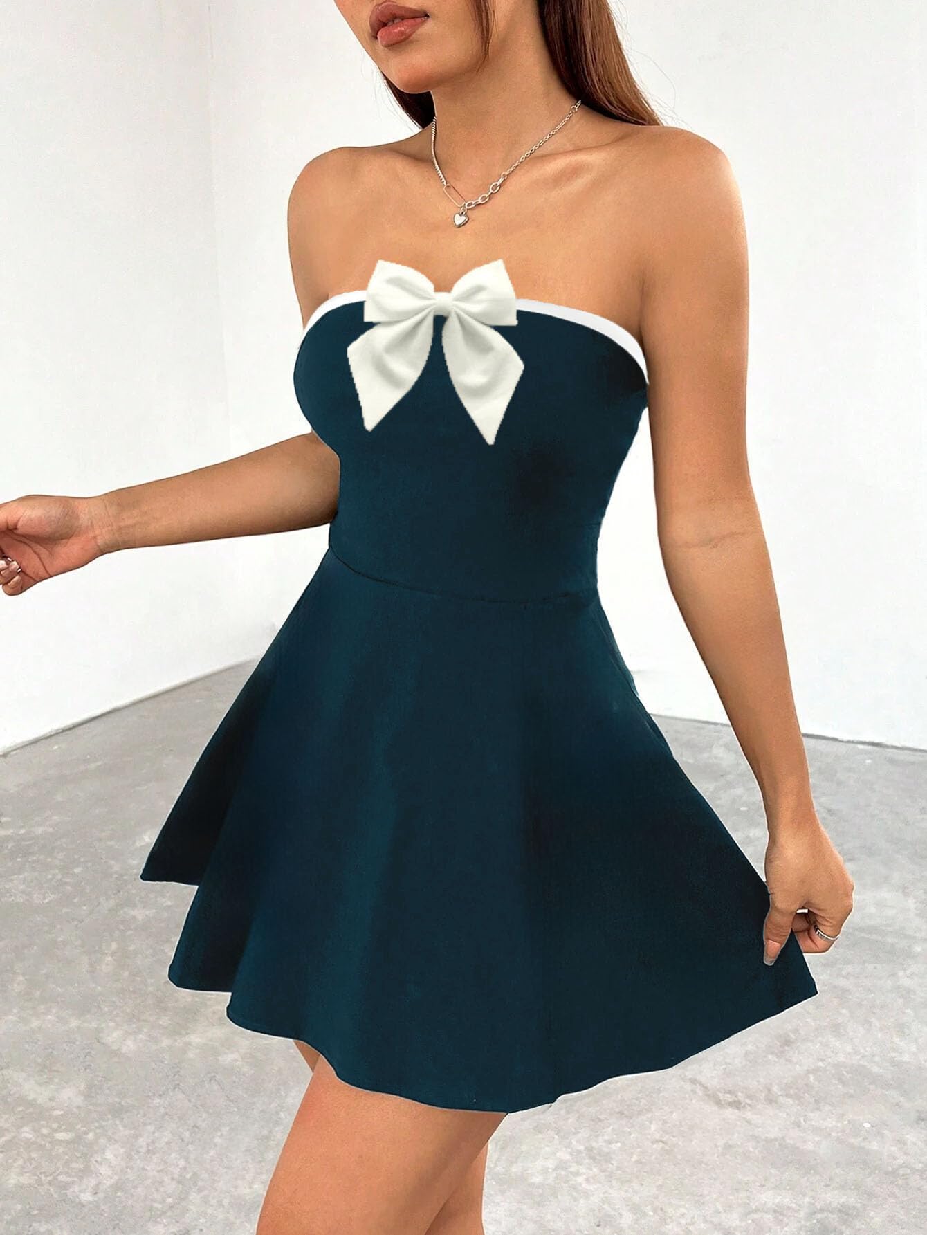 Solid Tube Bow Detailing Sleeveless Fit & Flare Mini Dress for Women