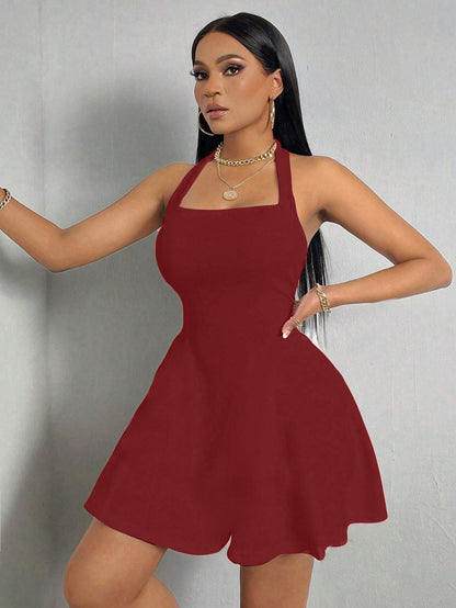 Solid Halter Neck Sleeveless Fit & Flared Mini Dress for Women