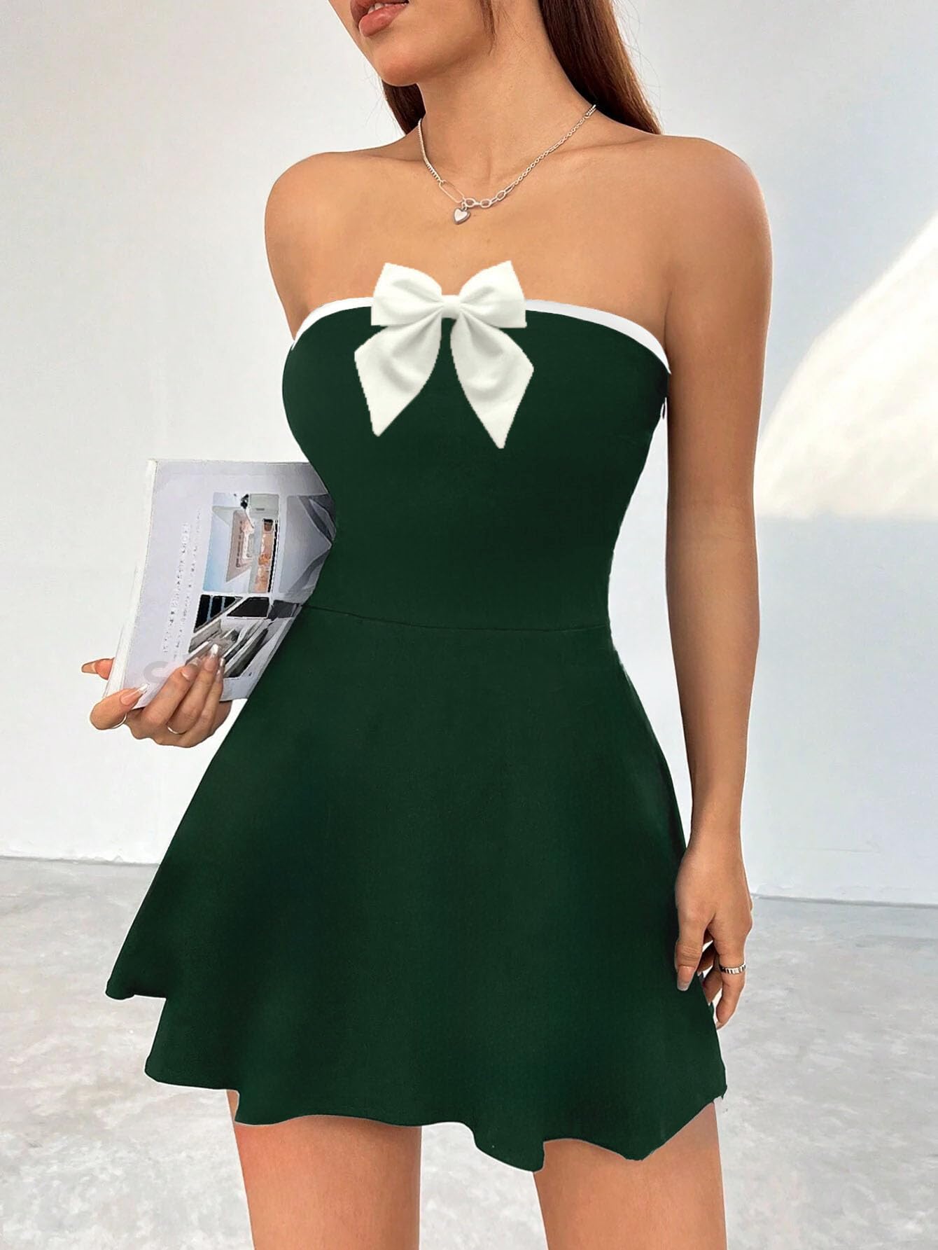 Solid Tube Bow Detailing Sleeveless Fit & Flare Mini Dress for Women
