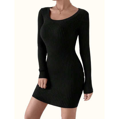 Solid Women Casual Ribbed Square Neck Long Sleeves Bodycon Dress