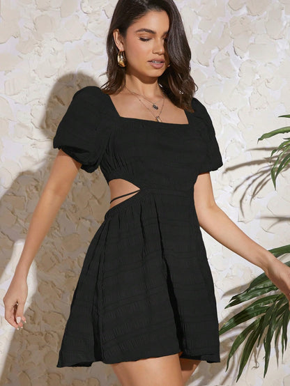 Girl's Fit And Flare Solid Summer Beach Square Neck Puff Sleeve Cut Out Waist Mini Dress