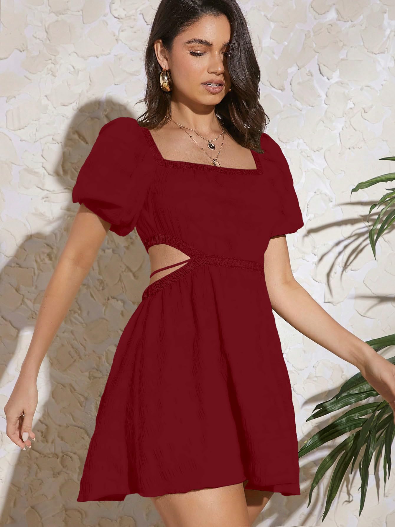 Girl's Fit And Flare Solid Summer Beach Square Neck Puff Sleeve Cut Out Waist Mini Dress