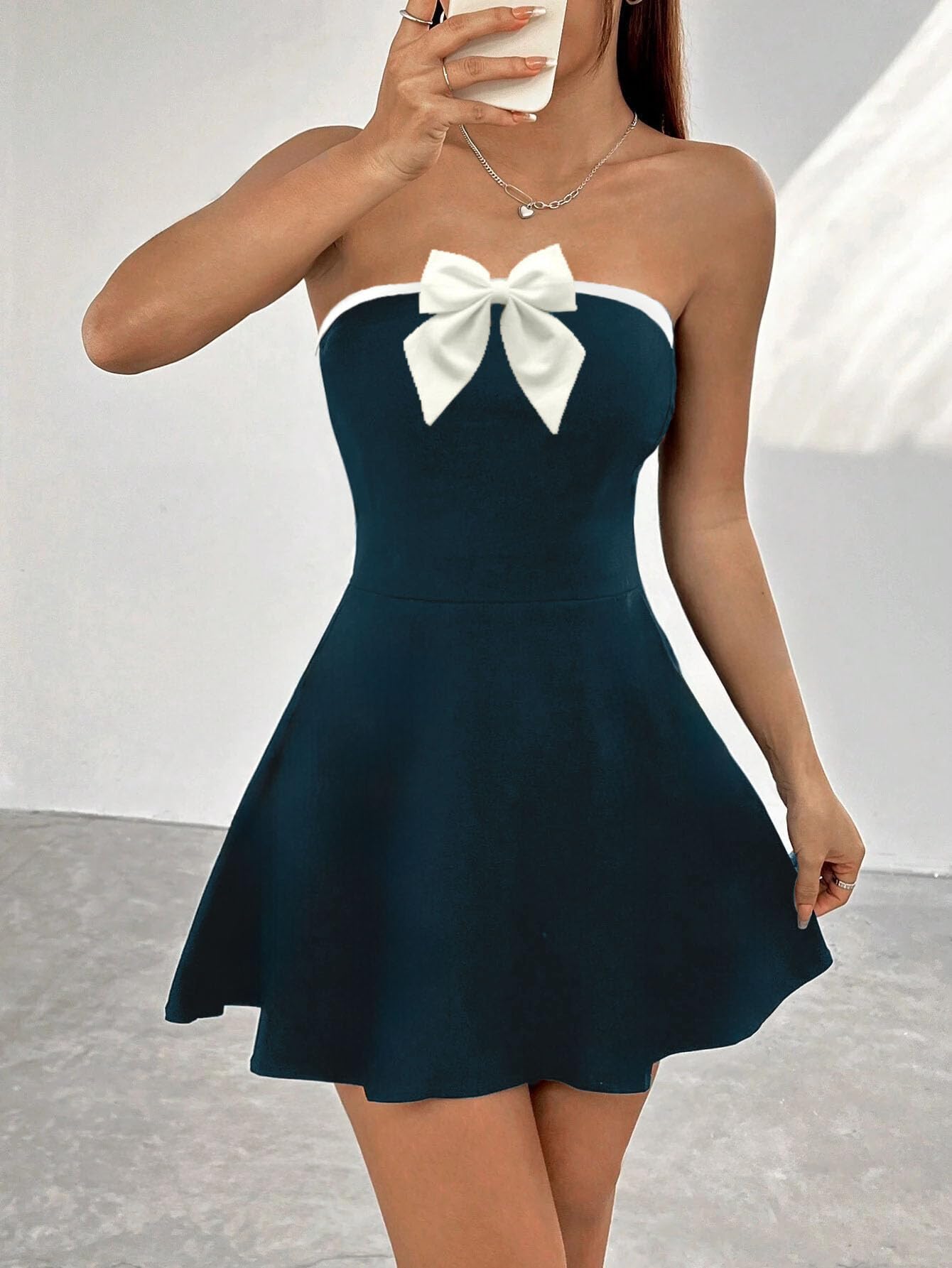 Solid Tube Bow Detailing Sleeveless Fit & Flare Mini Dress for Women