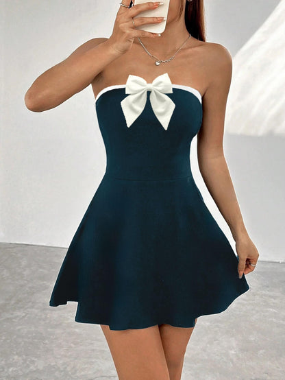 Solid Tube Bow Detailing Sleeveless Fit & Flare Mini Dress for Women