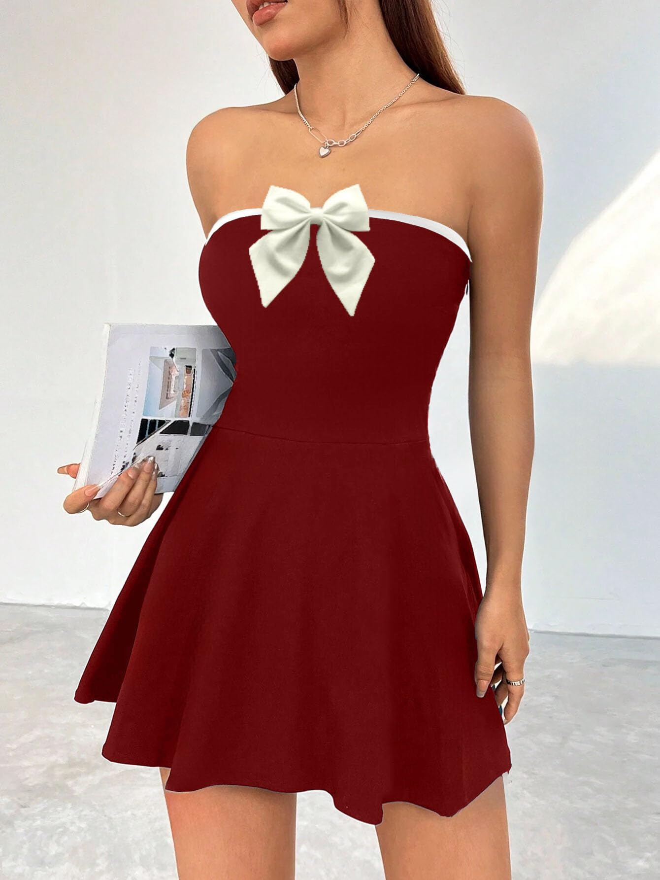 Solid Tube Bow Detailing Sleeveless Fit & Flare Mini Dress for Women