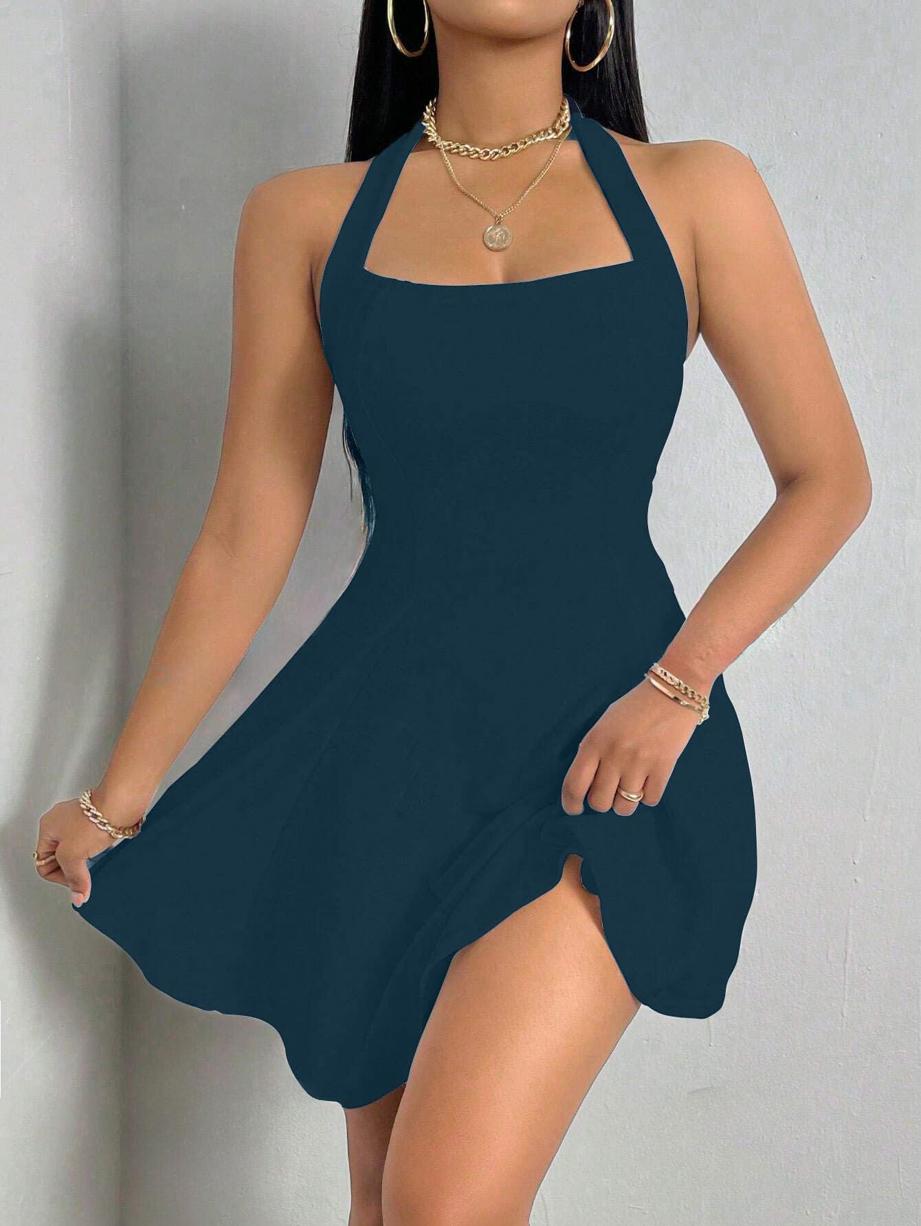 Solid Halter Neck Sleeveless Fit & Flared Mini Dress for Women