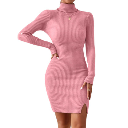 Solid Turtle Neck Regular Fit Casual Ribbed Knit Long Sleeve Bodycon Dress for Women
