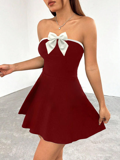 Solid Tube Bow Detailing Sleeveless Fit & Flare Mini Dress for Women