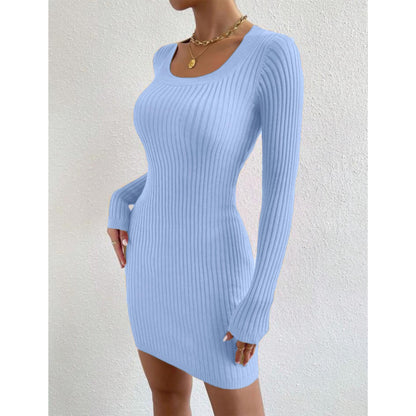 Solid Women Casual Ribbed Square Neck Long Sleeves Bodycon Dress