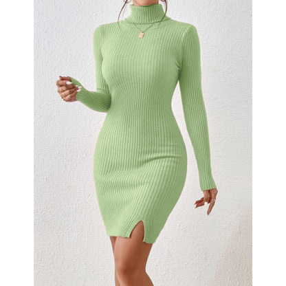 Solid Turtle Neck Regular Fit Casual Ribbed Knit Long Sleeve Bodycon Dress for Women