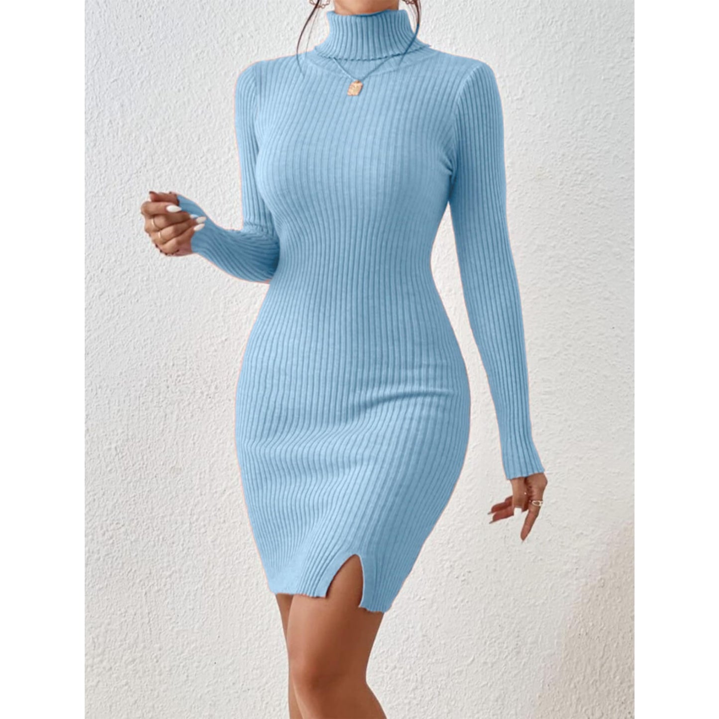 Solid Turtle Neck Regular Fit Casual Ribbed Knit Long Sleeve Bodycon Dress for Women