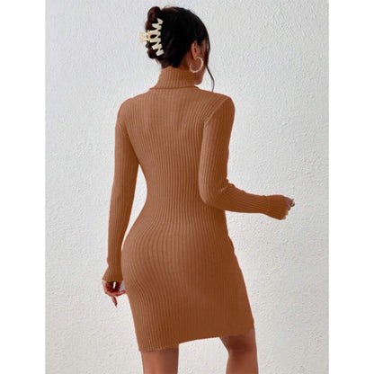 Solid Turtle Neck Regular Fit Casual Ribbed Knit Long Sleeve Bodycon Dress for Women