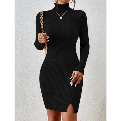 Solid Turtle Neck Regular Fit Casual Ribbed Knit Long Sleeve Bodycon Dress for Women