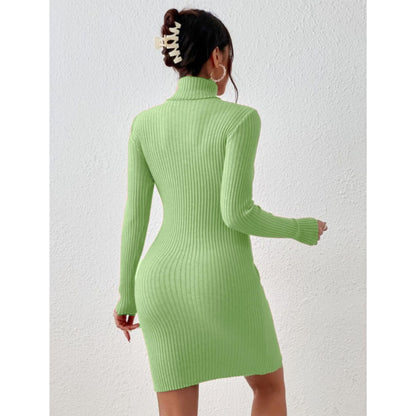 Solid Turtle Neck Regular Fit Casual Ribbed Knit Long Sleeve Bodycon Dress for Women