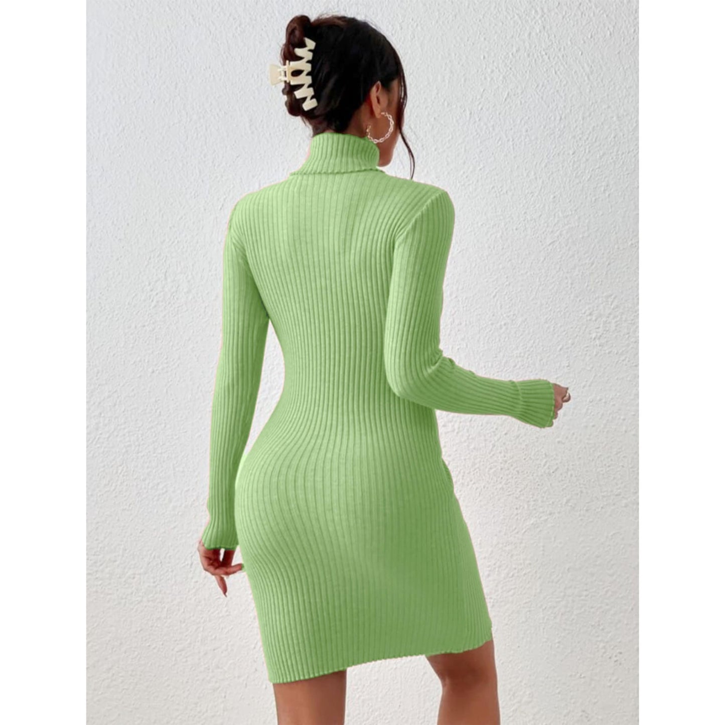 Solid Turtle Neck Regular Fit Casual Ribbed Knit Long Sleeve Bodycon Dress for Women