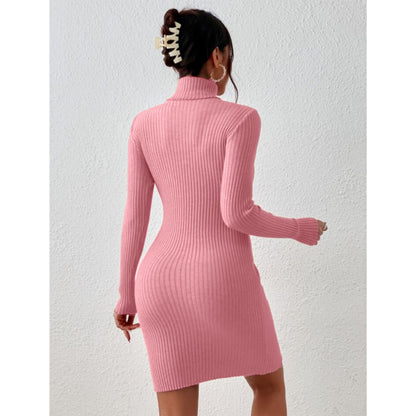 Solid Turtle Neck Regular Fit Casual Ribbed Knit Long Sleeve Bodycon Dress for Women