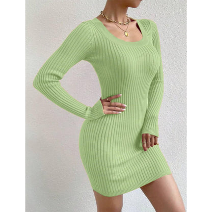 Solid Women Casual Ribbed Square Neck Long Sleeves Bodycon Dress