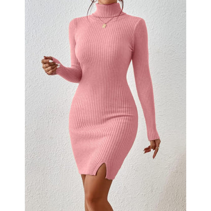 Solid Turtle Neck Regular Fit Casual Ribbed Knit Long Sleeve Bodycon Dress for Women