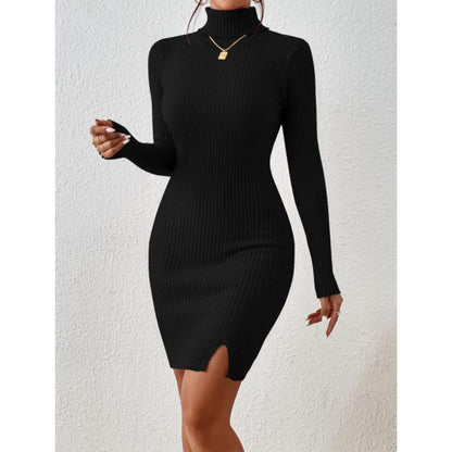 Solid Turtle Neck Regular Fit Casual Ribbed Knit Long Sleeve Bodycon Dress for Women