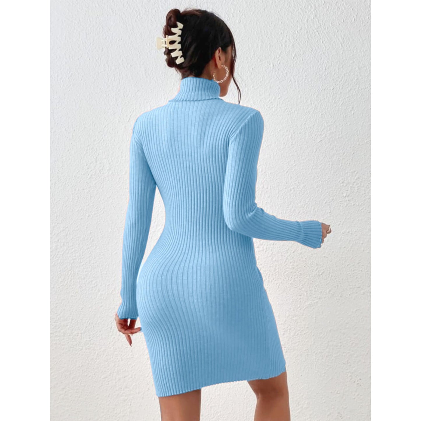 Solid Turtle Neck Regular Fit Casual Ribbed Knit Long Sleeve Bodycon Dress for Women