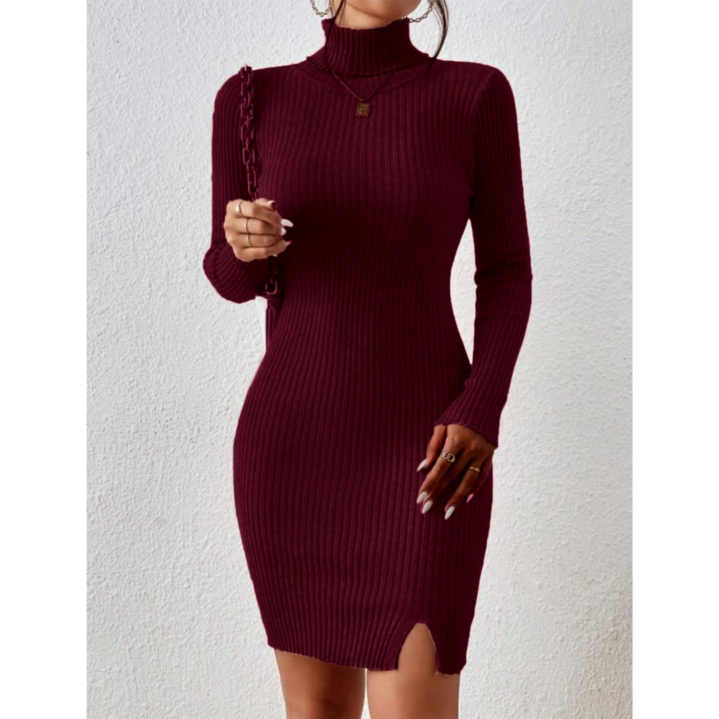 Solid Turtle Neck Regular Fit Casual Ribbed Knit Long Sleeve Bodycon Dress for Women
